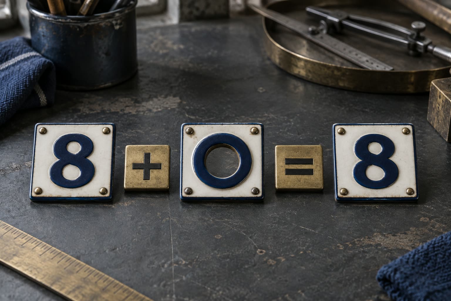 Enamel number tiles showing 8 plus 0 equals 8 on a workshop bench