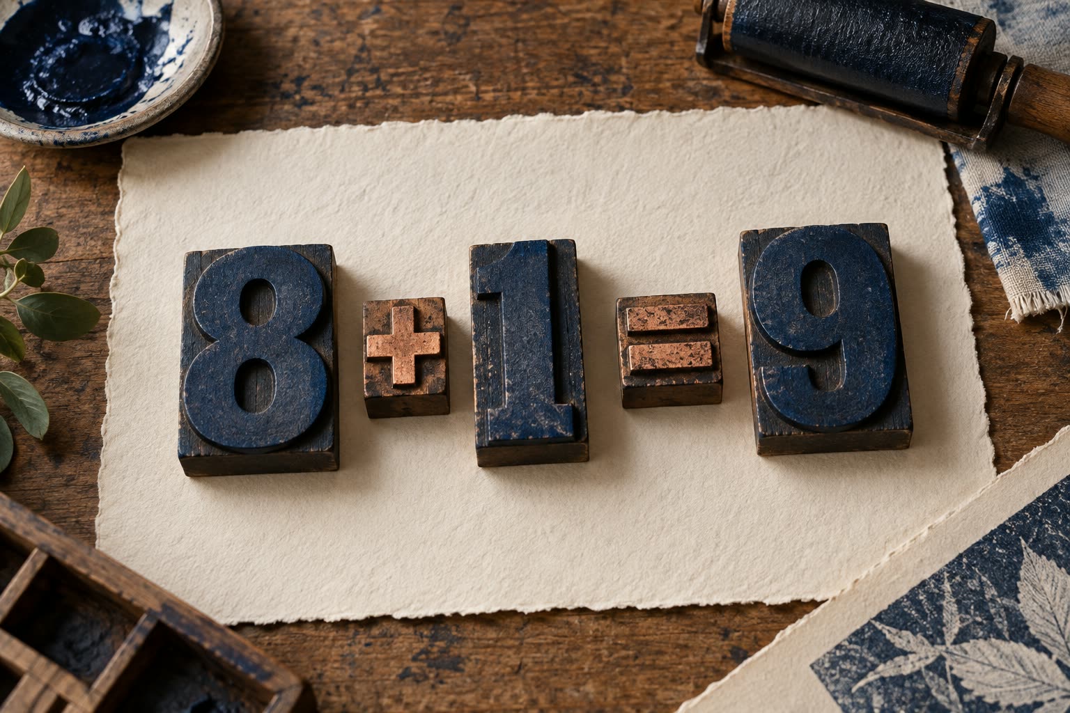 Wooden print blocks showing 8 plus 1 equals 9 on handmade paper