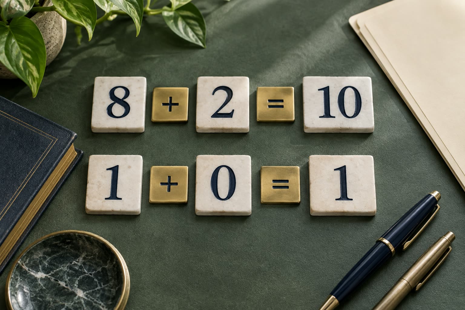 Marble number tiles tracing 8 plus 2 equals 10, then 1 plus 0 equals 1, on a green desk