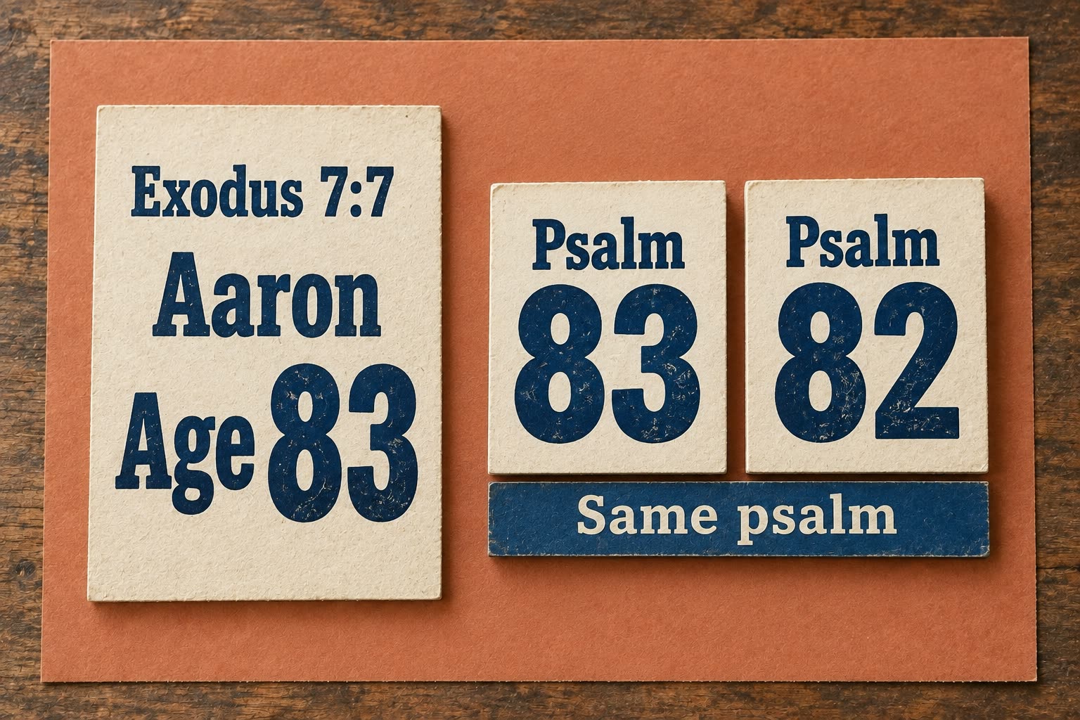 Modern reference cards distinguish Aaron age 83 in Exodus 7:7 from Psalm 83 and Psalm 82 labels joined as the same psalm.
