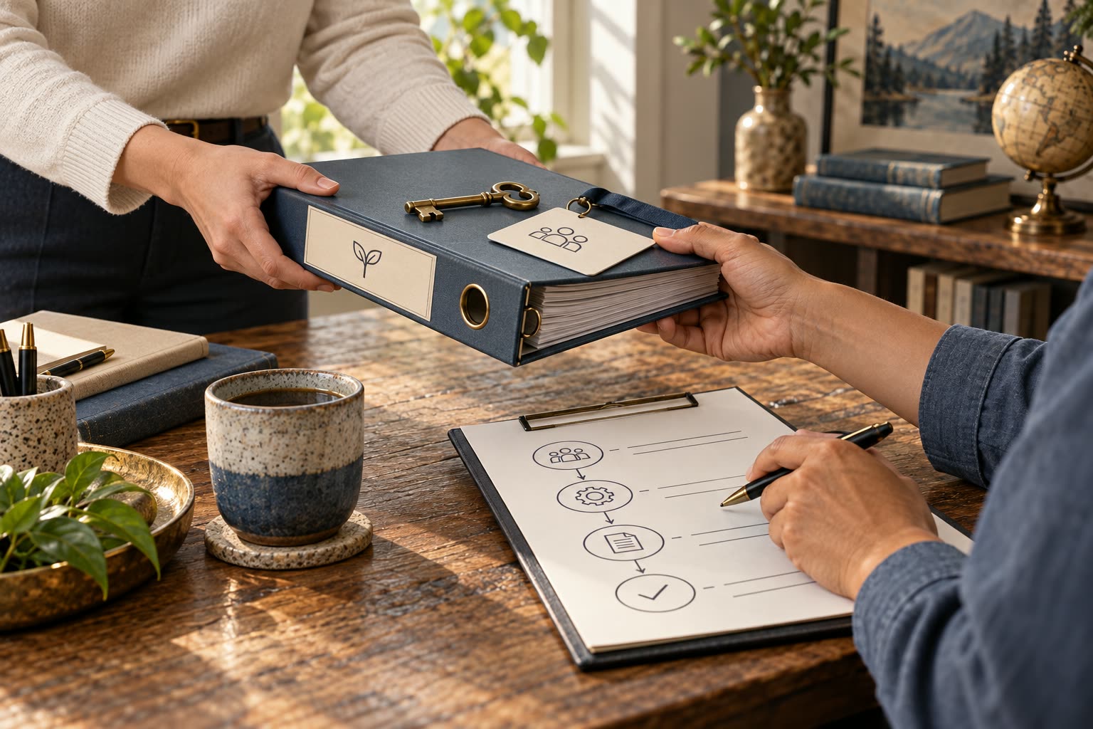 One person handing a blue ring binder topped with a brass key to another, who holds a pen over a clipboard with a four-step diagram