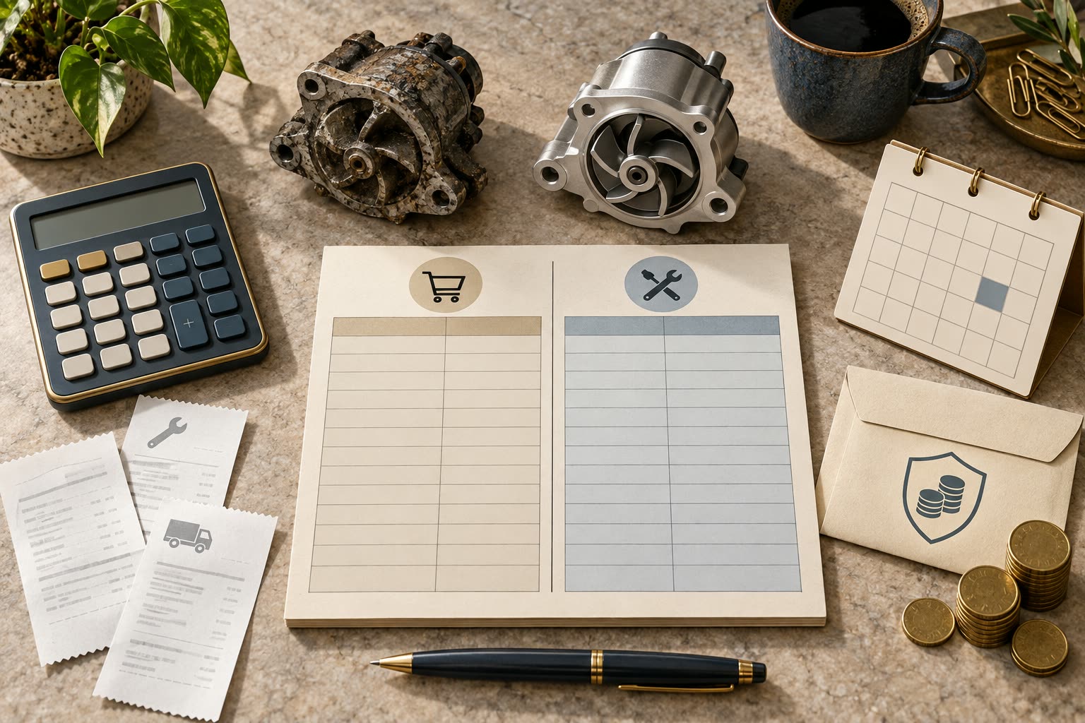 A two-column budget sheet marked with a shopping cart and crossed tools, between a calculator, receipts, a worn pump and a new one, a desk calendar and coins