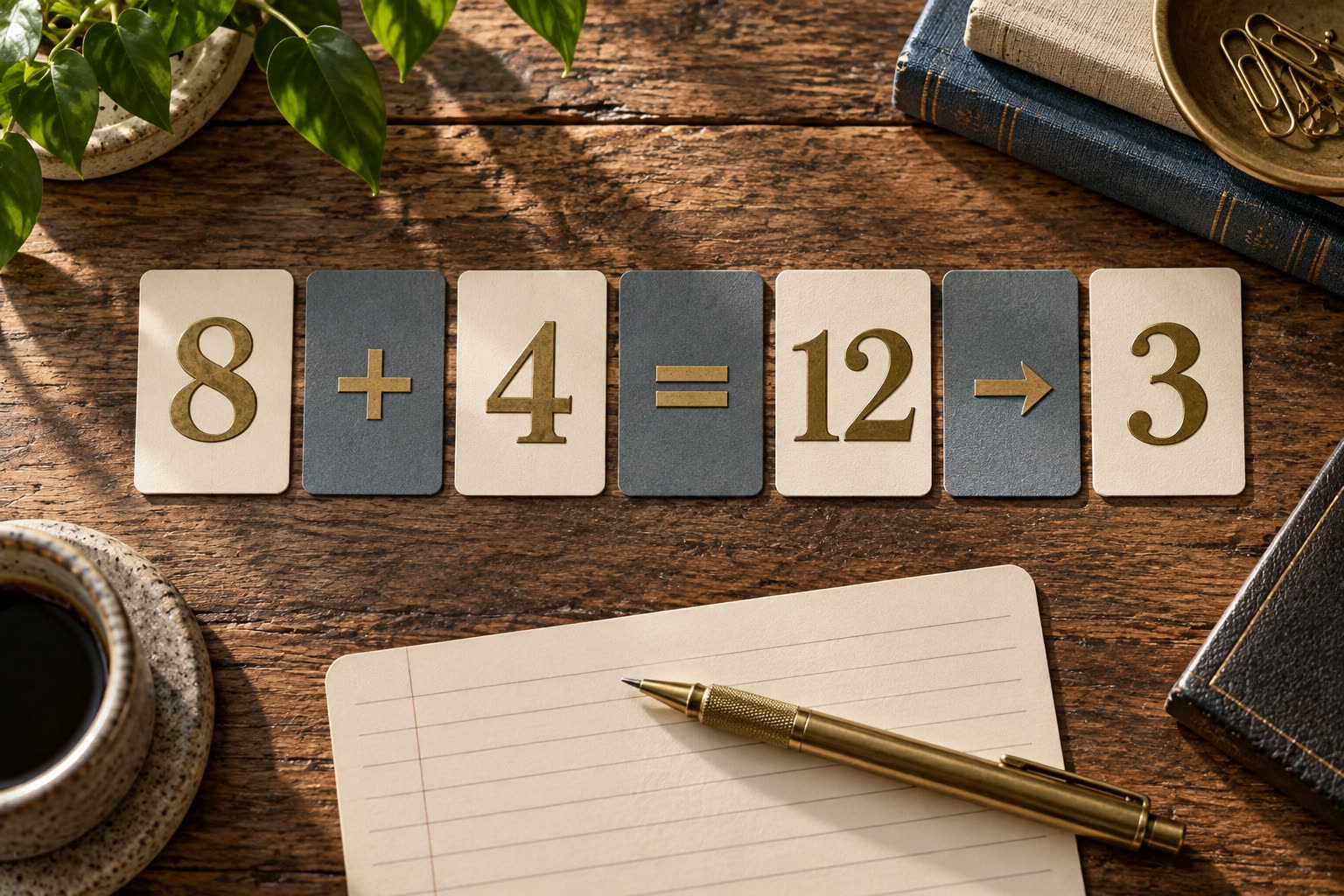 Cream and slate cards spelling 8 + 4 = 12 → 3 on a wooden desk above a ruled index card and a brass pen