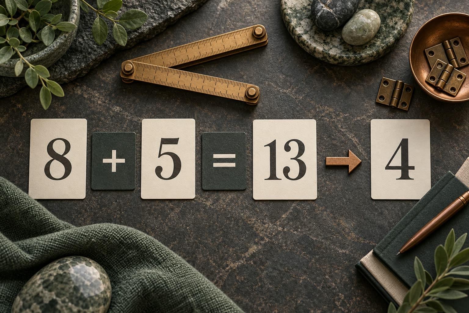 Number tiles showing 8 plus 5 equals 13 and 1 plus 3 equals 4 beside an open decision folder
