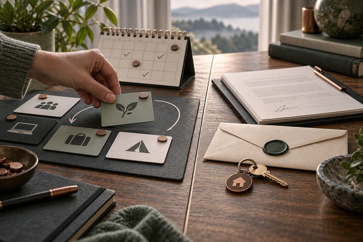 A planning table with movable option cards on one side and signed commitment documents on the other