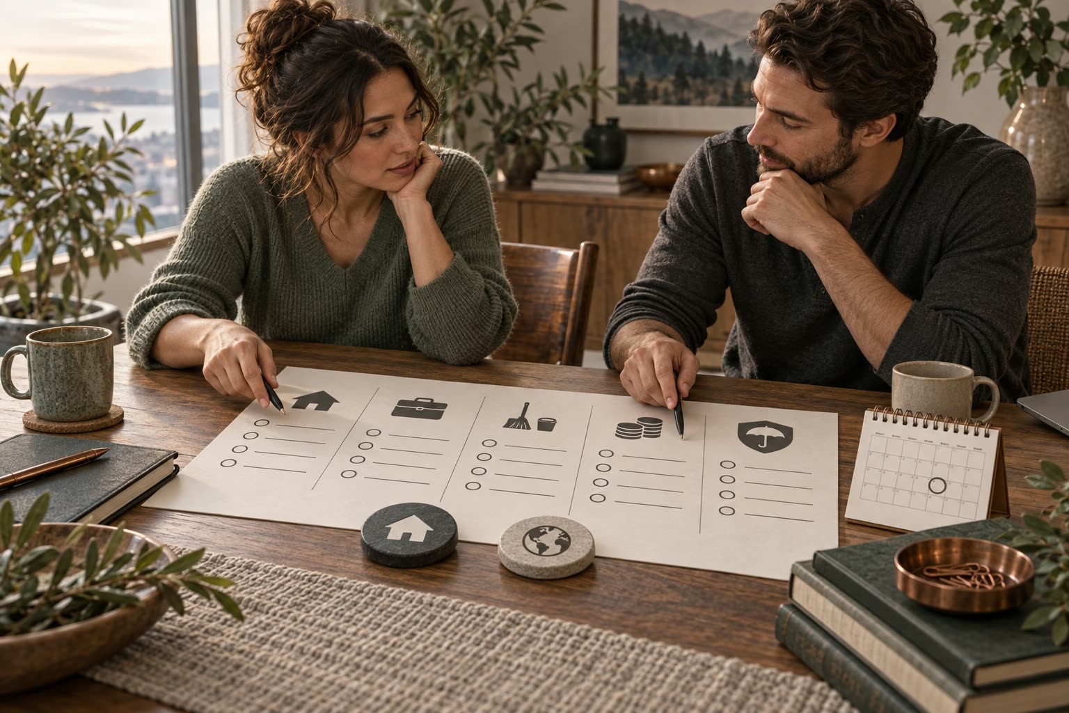 Two people comparing relocation, work, budget, and household cards across a shared planning table