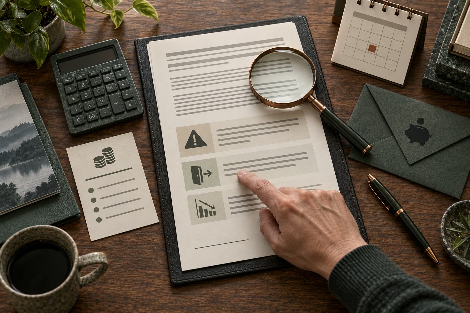 A large purchase agreement beside a calculator, fee list, reserve envelope, and cancellation terms