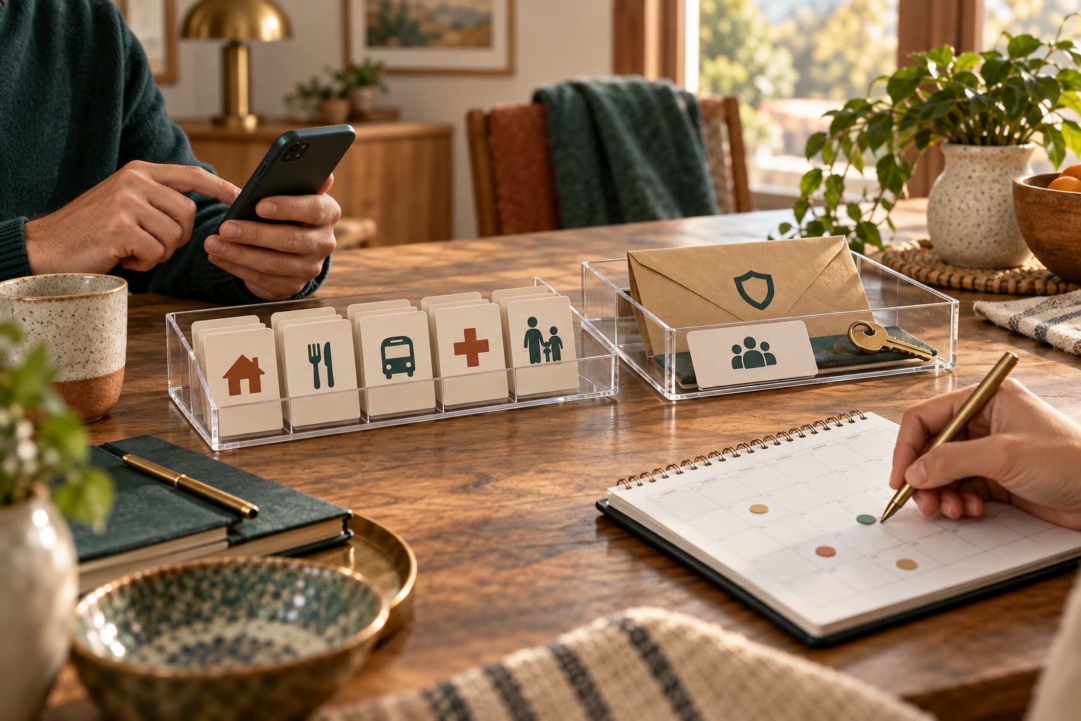 A household care budget with housing, health, transport, food, and emergency categories beside account access cards