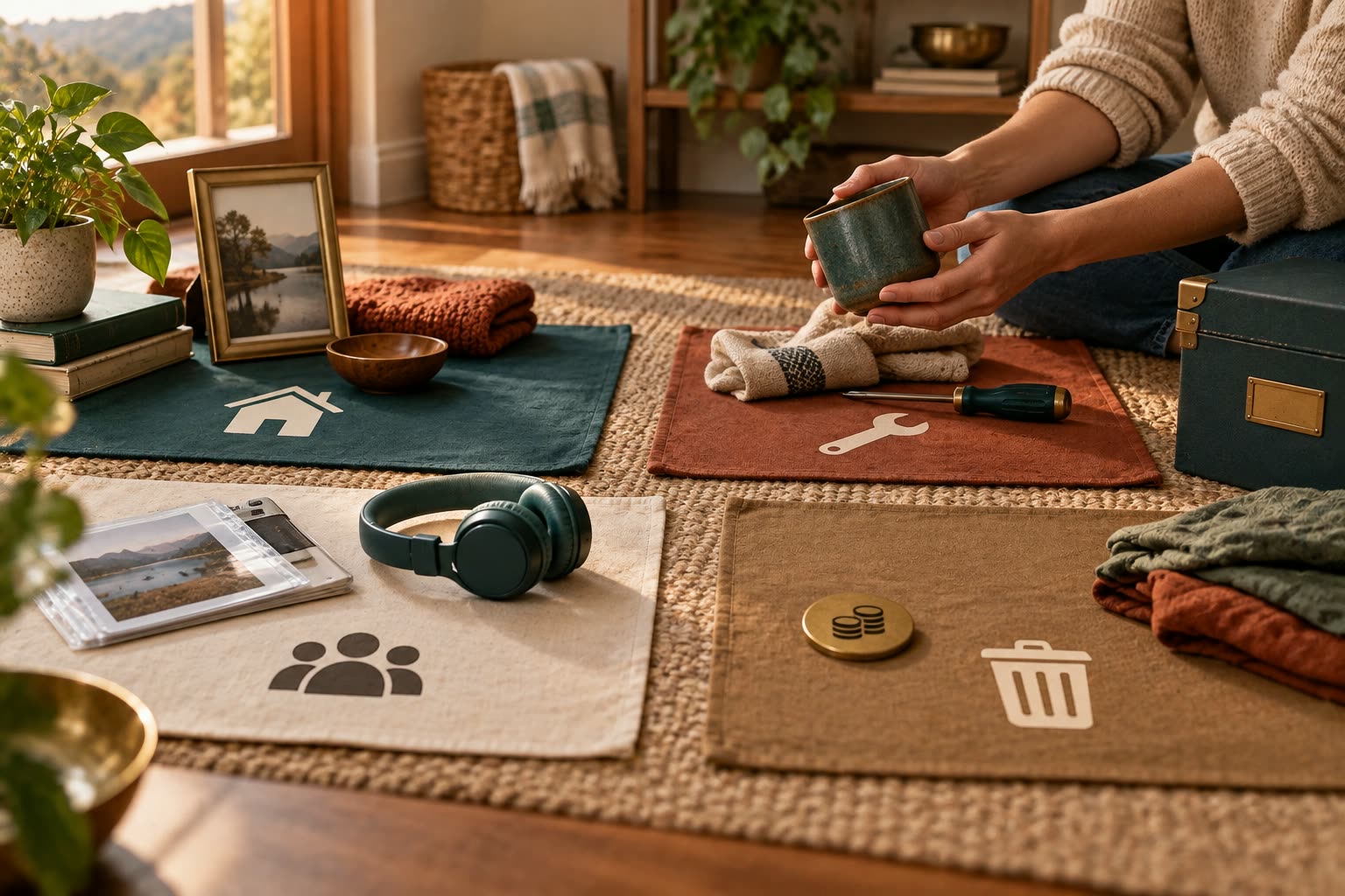 Household objects sorted into keep, repair, share, and release groups on a sunlit floor
