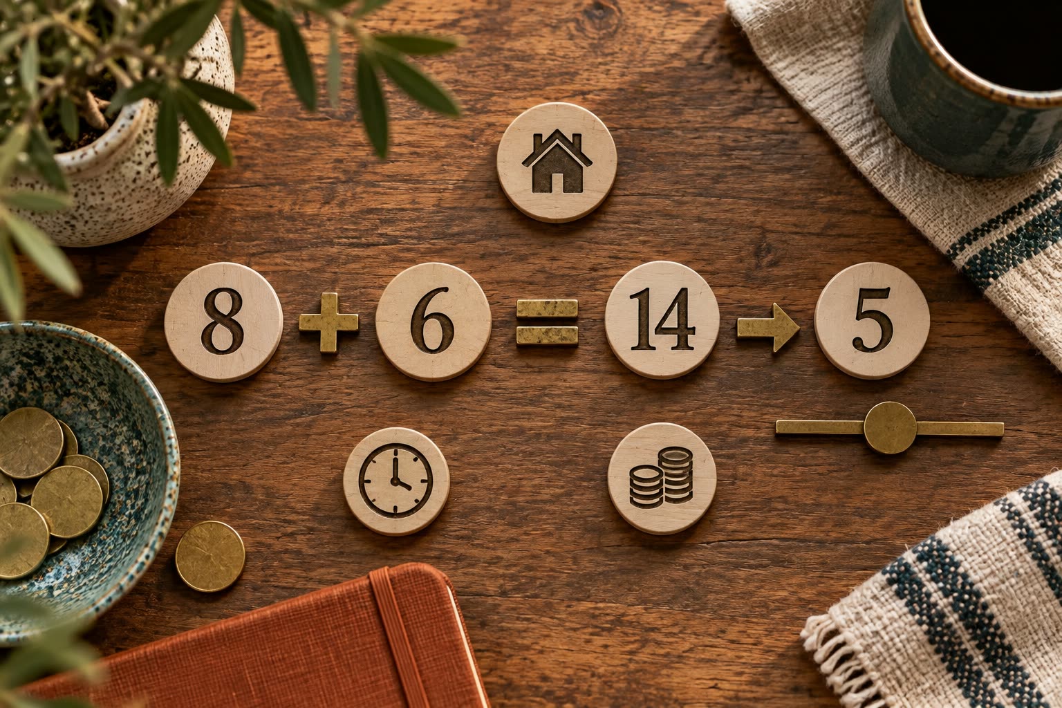 Number blocks showing 8 plus 6 equals 14 and 1 plus 4 equals 5 beside resource and care cards