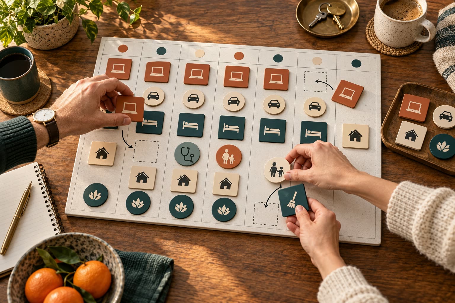 A weekly calendar divided among paid work, commuting, household tasks, care, and recovery