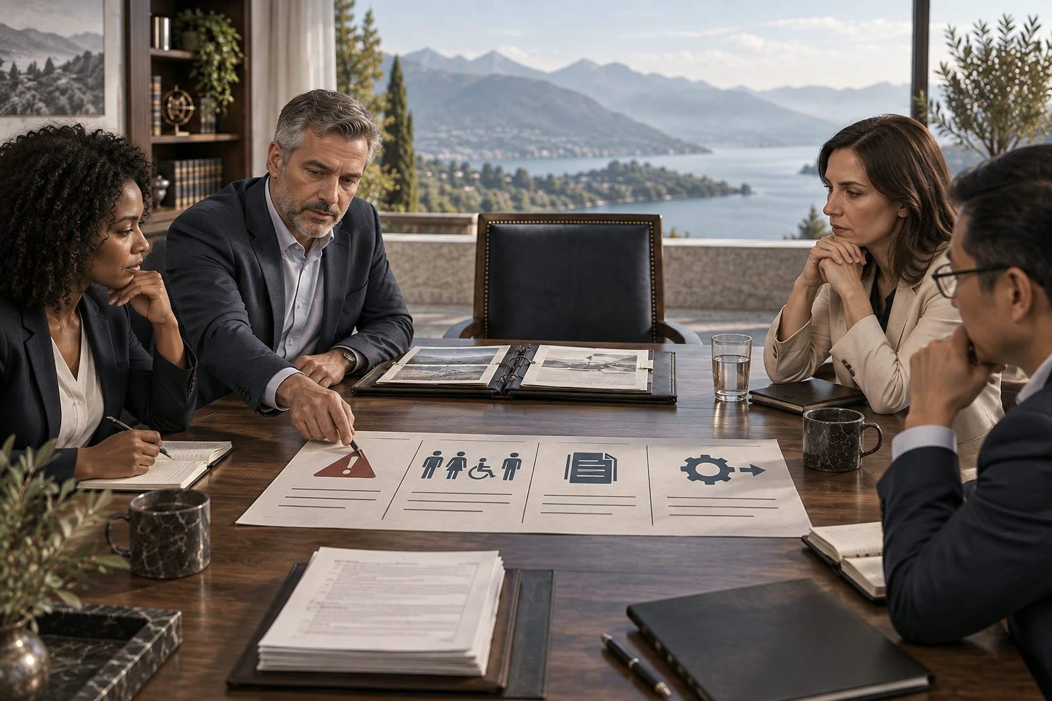 A decision review table with evidence folders, affected-person notes, risk cards, and a correction path