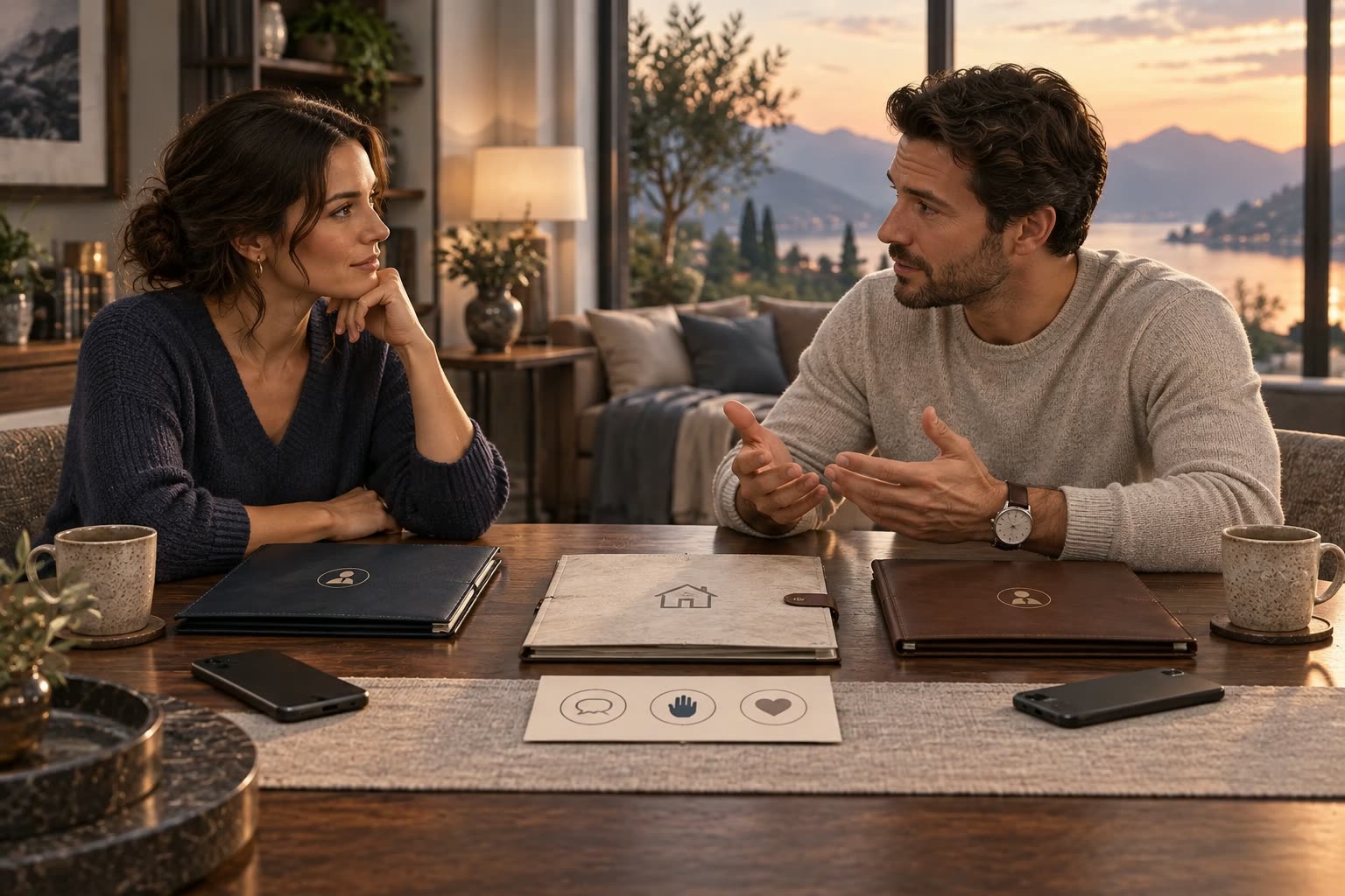 Two people discussing separate privacy folders and shared financial documents at a calm table