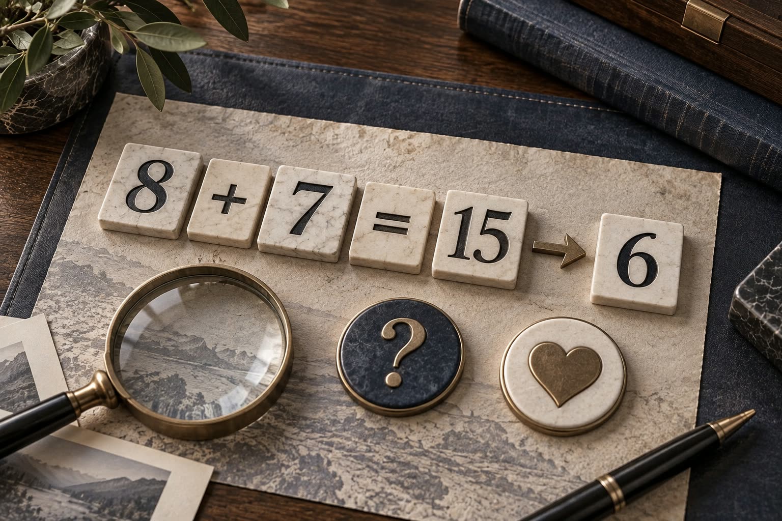 Metal numerals showing 8 plus 7 equals 15 and 1 plus 5 equals 6 beside an open review notebook