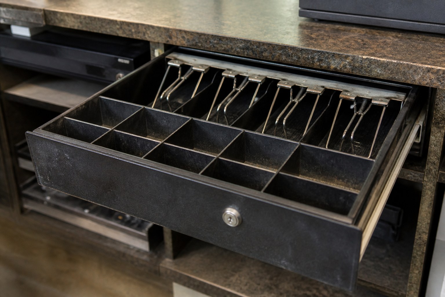 A shop cash drawer pulled open showing worn empty coin compartments