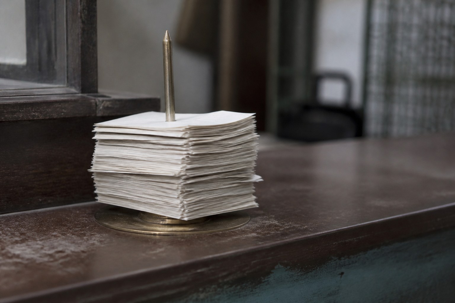A brass ledger spike on a counter with a thick wad of blank paper dockets pushed onto it