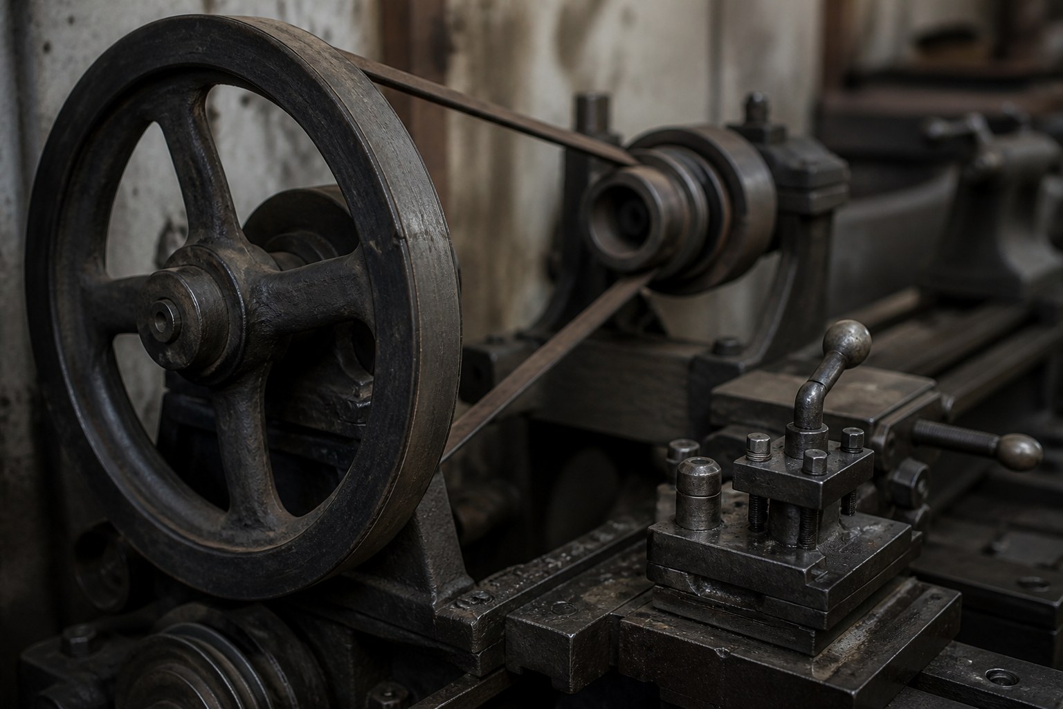 A flywheel and drive belt on an old workshop lathe, the belt taut