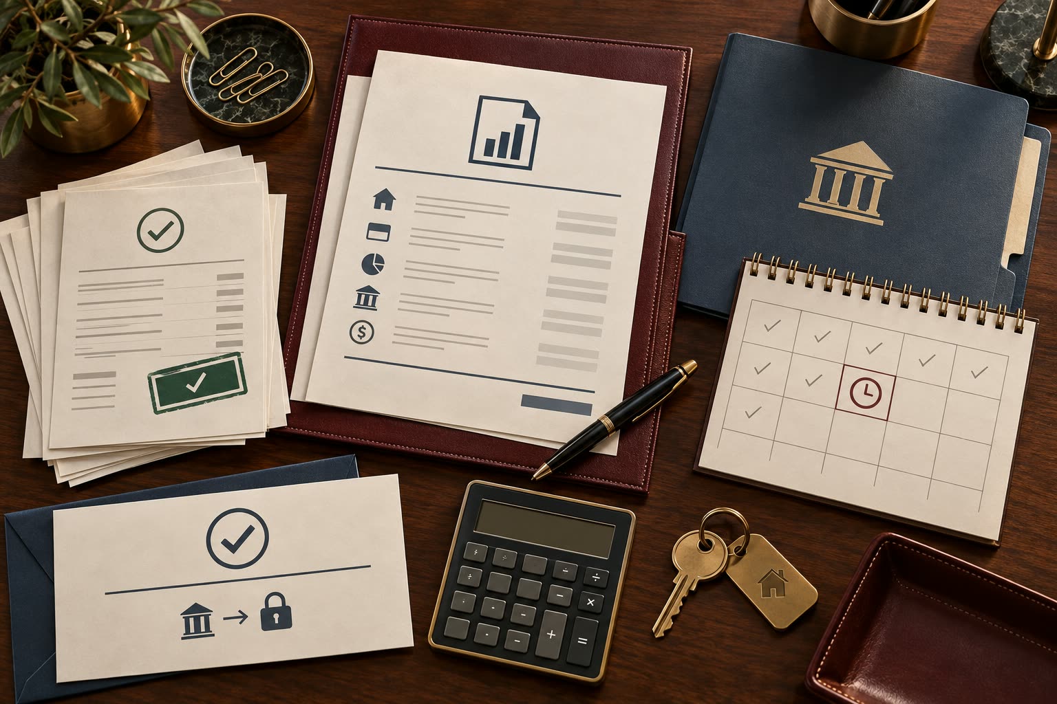 A final account statement beside paid invoices, a tax folder, key return form, and confirmation receipt