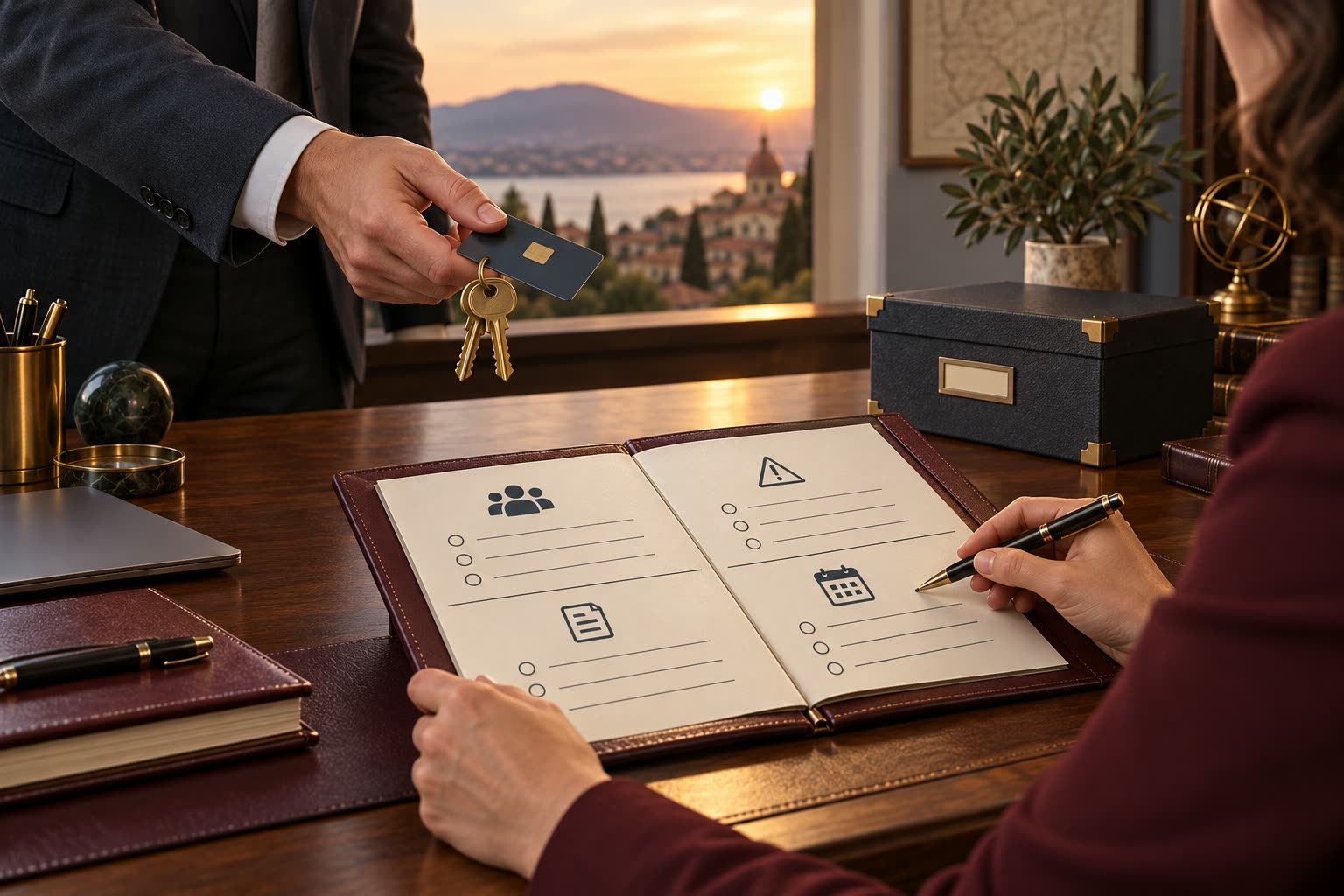 A departing project lead transferring an access card, contact map, risk log, and schedule to a colleague