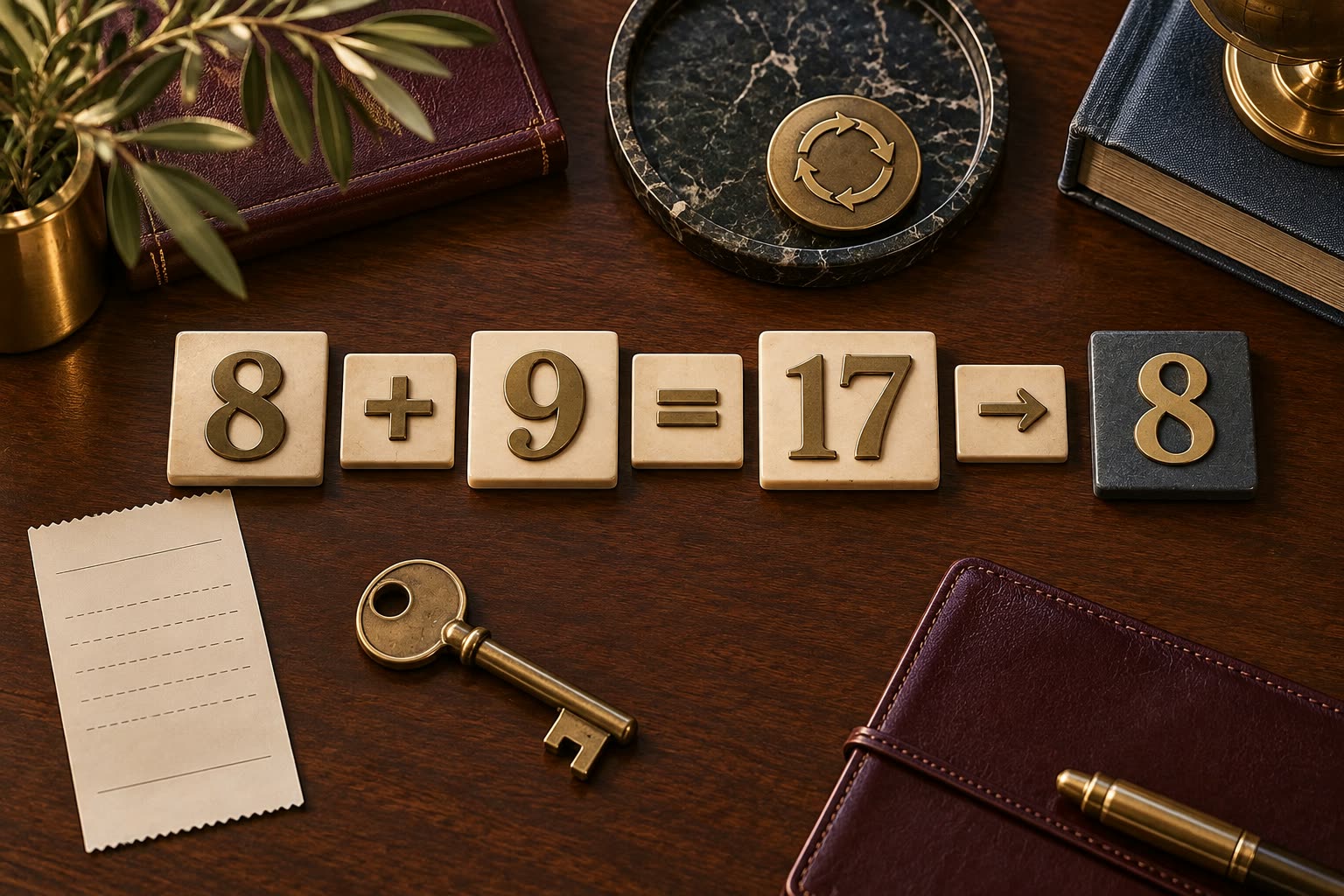 Number tiles showing 8 plus 9 equals 17 and 1 plus 7 equals 8 beside a closeout ledger