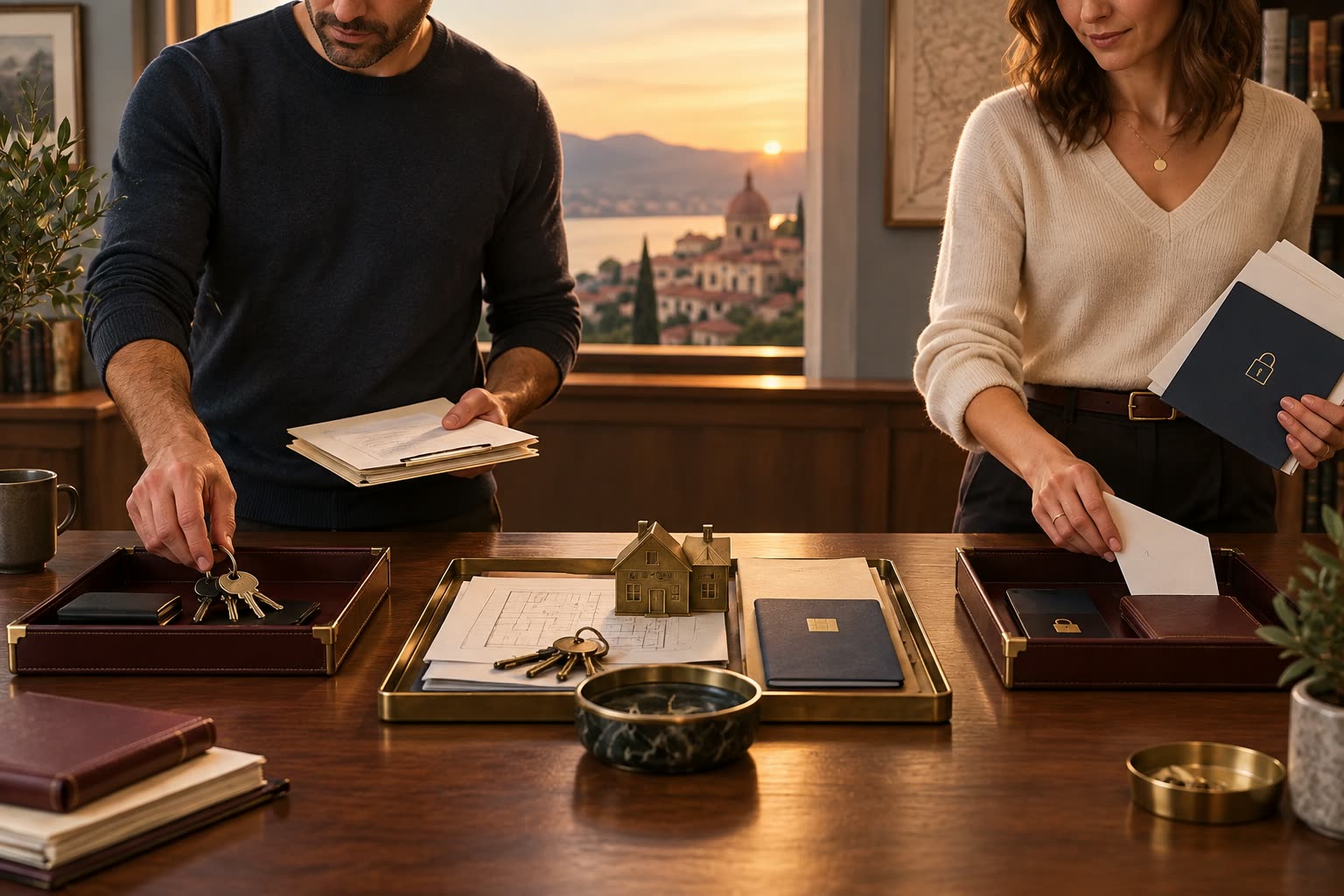Two people calmly separating keys, account papers, property records, and contact boundaries across a table