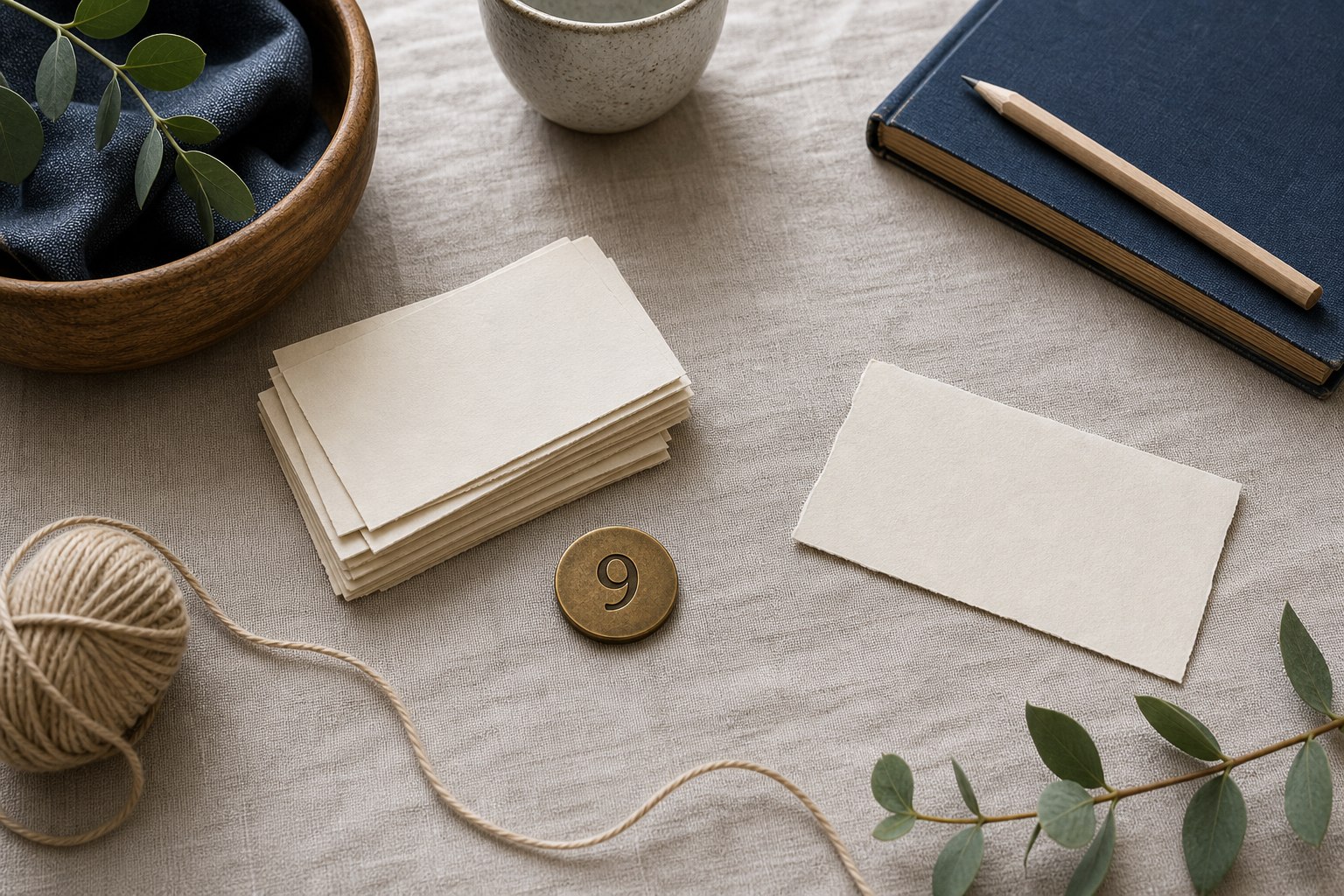Blank paper slips and string beside a brass marker numbered 9