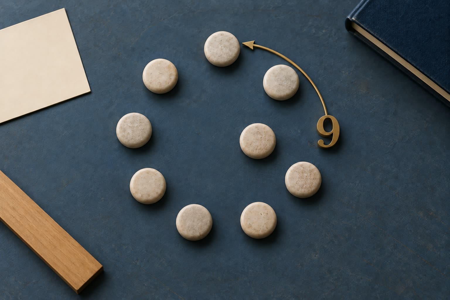 Nine pale counting stones arranged in a circle beside a brass numeral 9 and a returning arrow