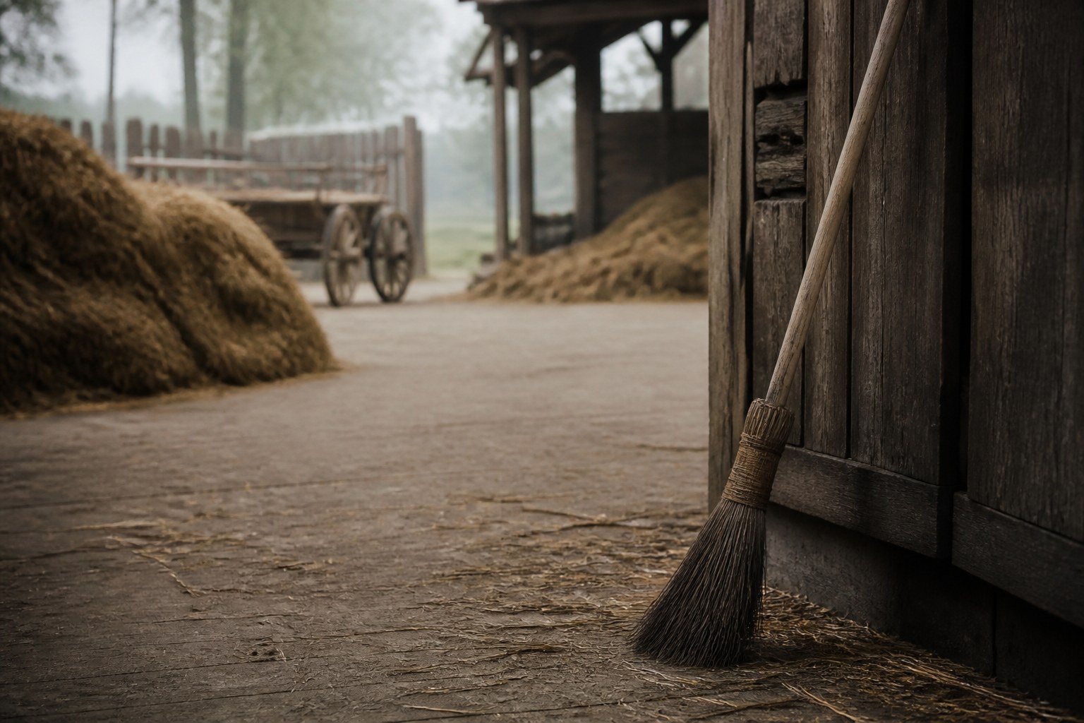 A swept threshing floor with the broom leaning against the barn wall