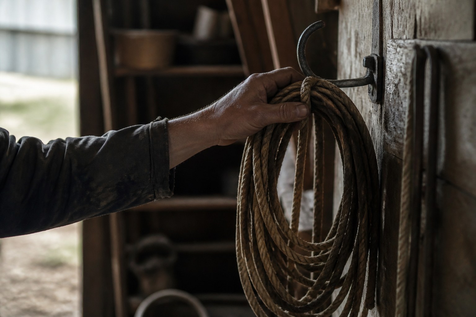 A coil of rope being hung on an iron hook at the end of the working day