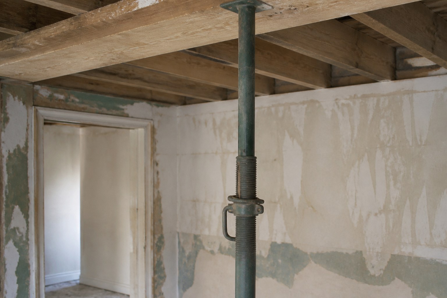 A steel acrow prop supporting a ceiling joist in a stripped room