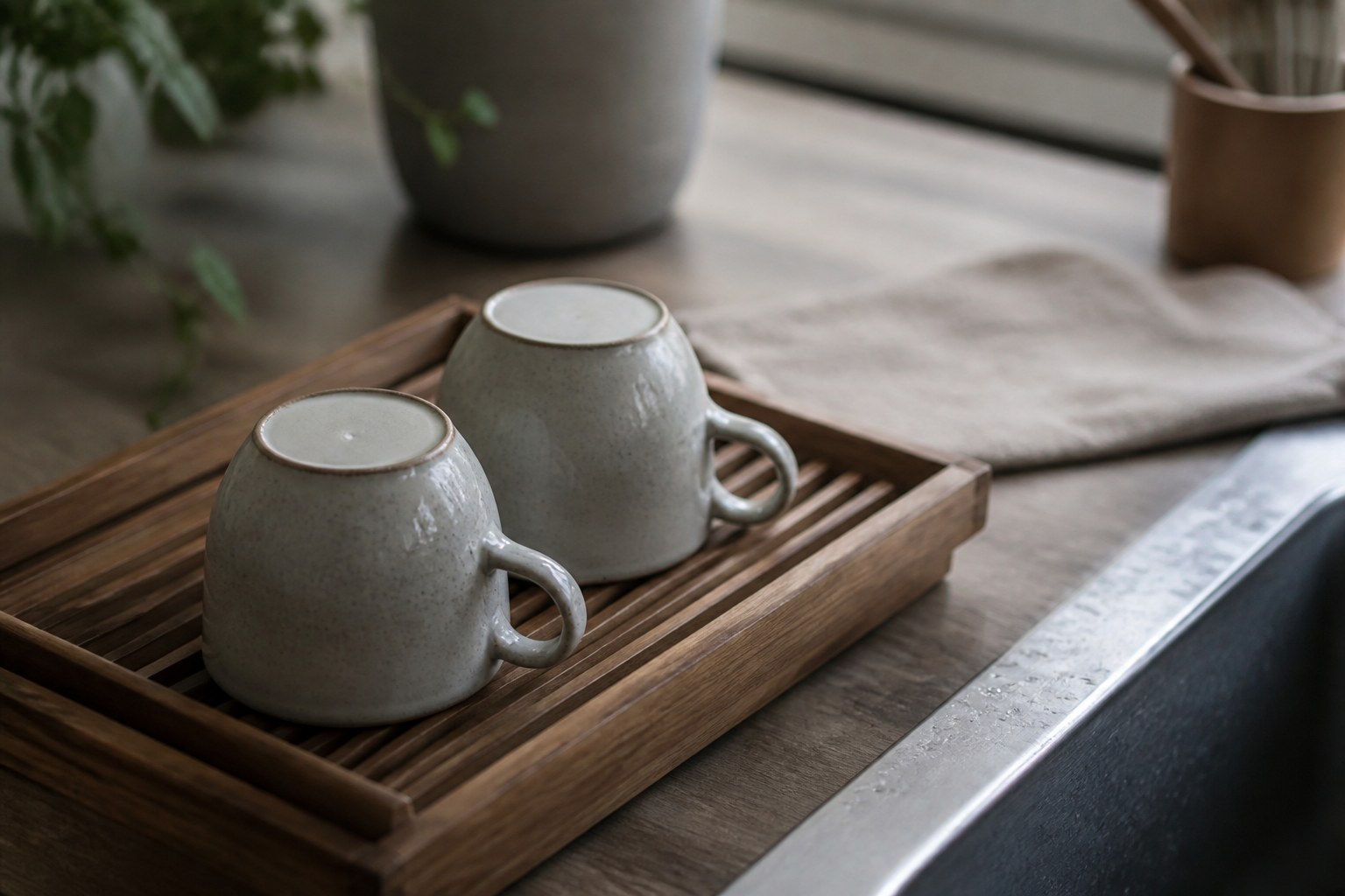 Two cups drying upside down on a wooden rack beside a sink