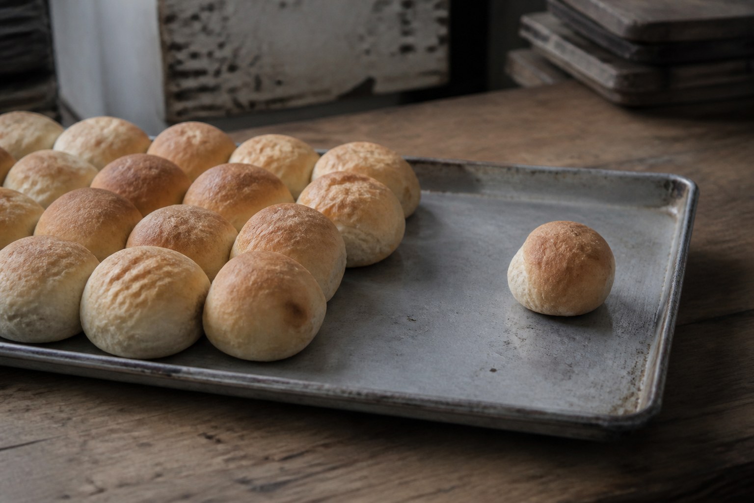 A baker's tray of rolls with one extra set apart at the end
