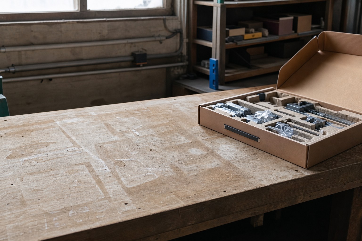 A workbench cleared of one trade's tools with a different set still in its box