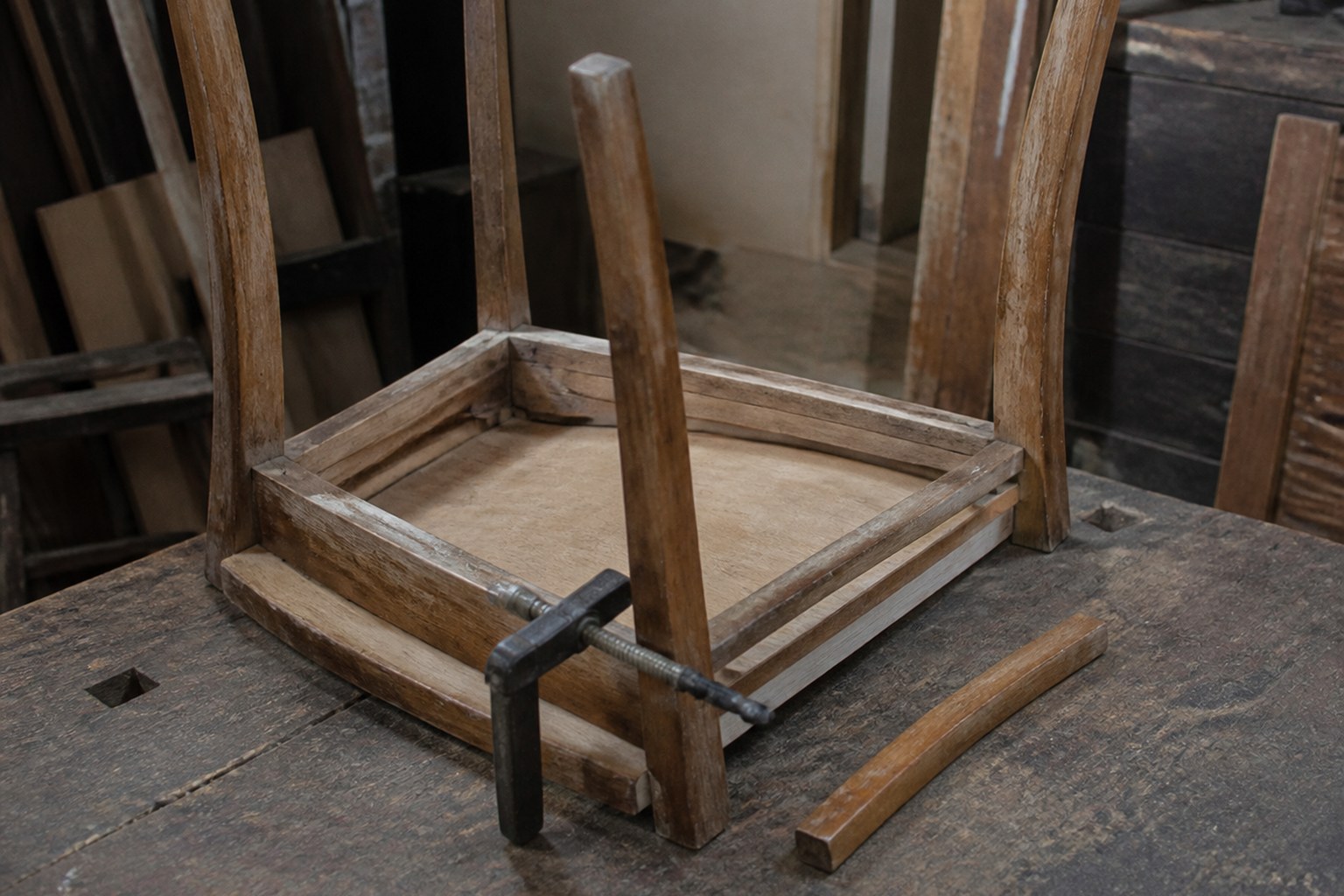 A wooden chair upended on a bench with one loose joint held in a clamp