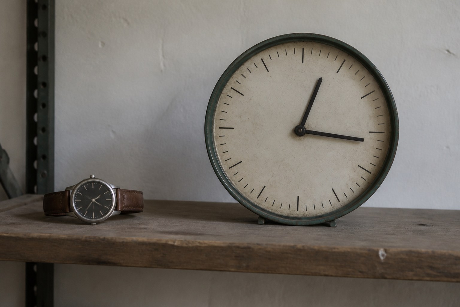 A wall clock and a wristwatch on the same shelf showing different times