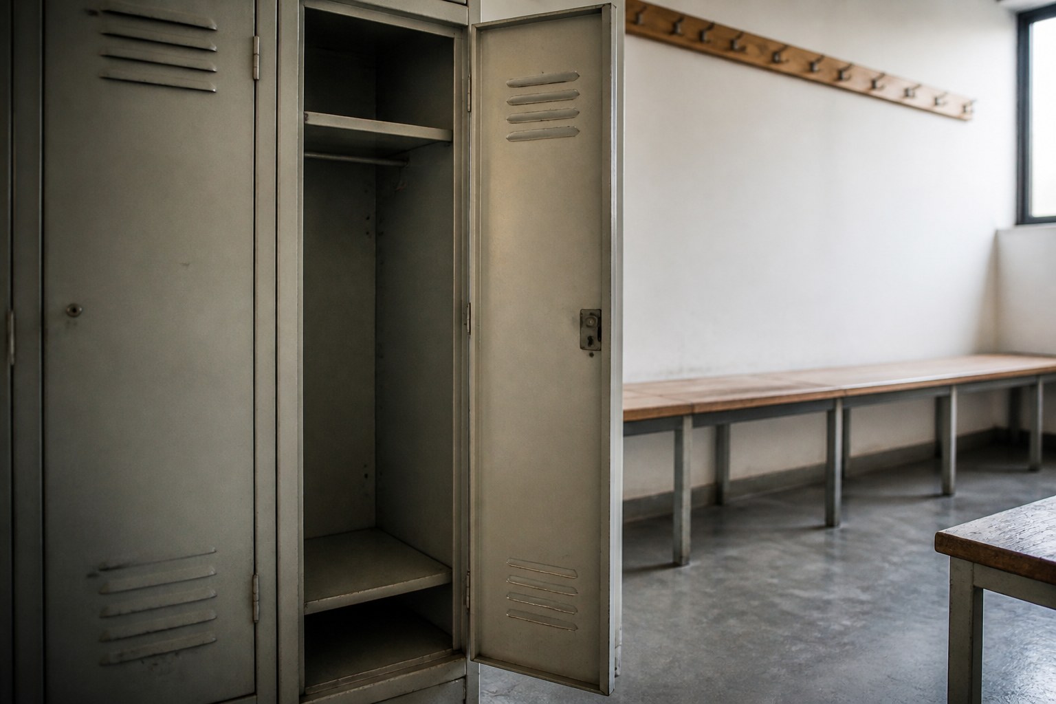 A staff locker standing open and completely empty