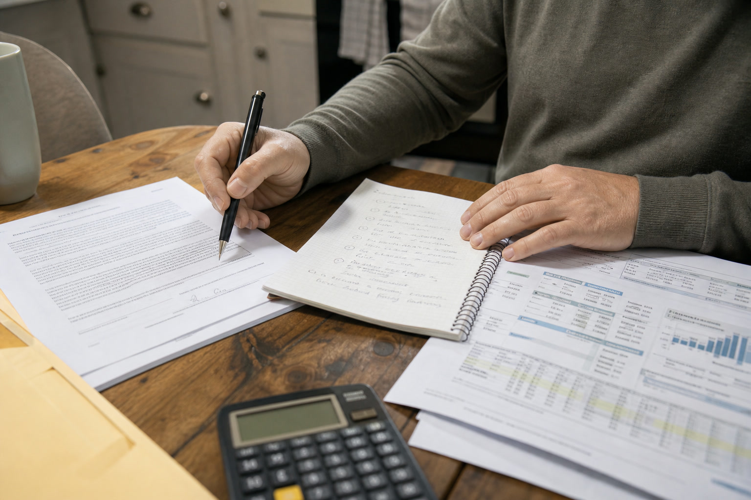 Person comparing a written offer with a budget and risk notes at a kitchen table