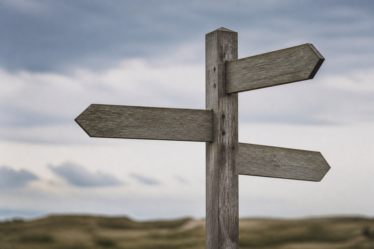 A crossroads signpost with blank finger boards against an open sky