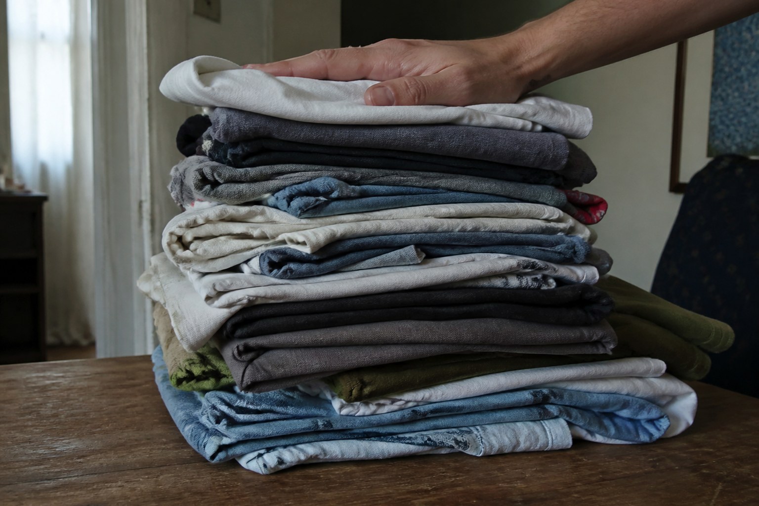 A stack of folded laundry with one hand resting on top