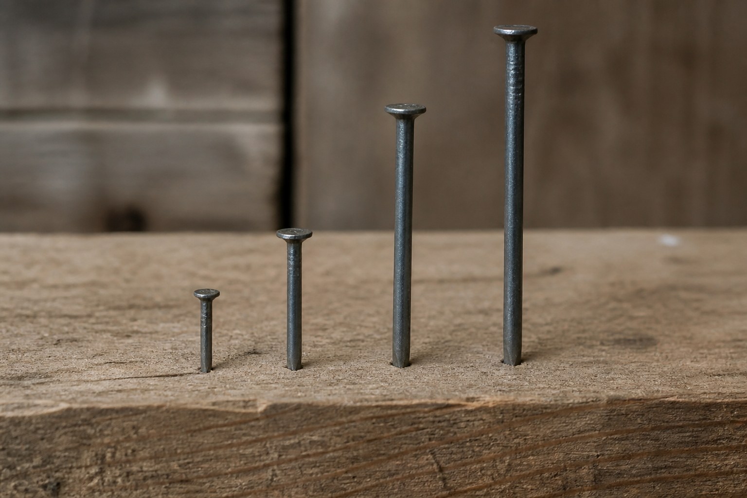 Four nails of increasing length laid in a row on timber