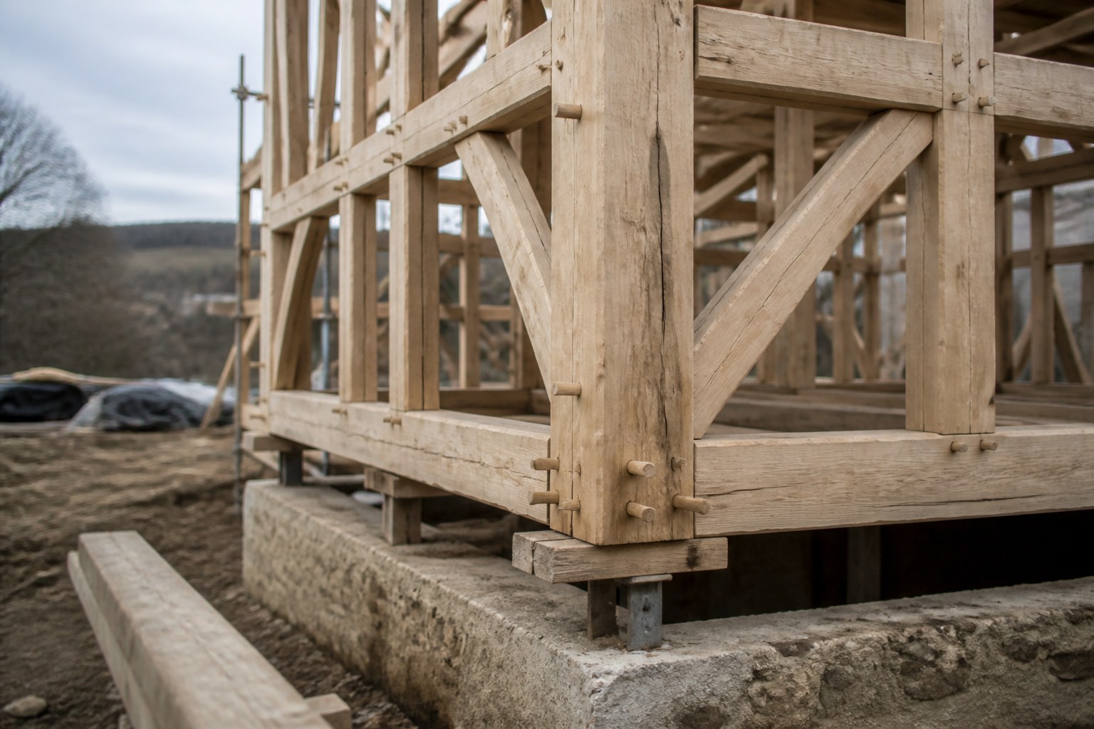 A timber frame raised and braced on a building plot, the joints pegged