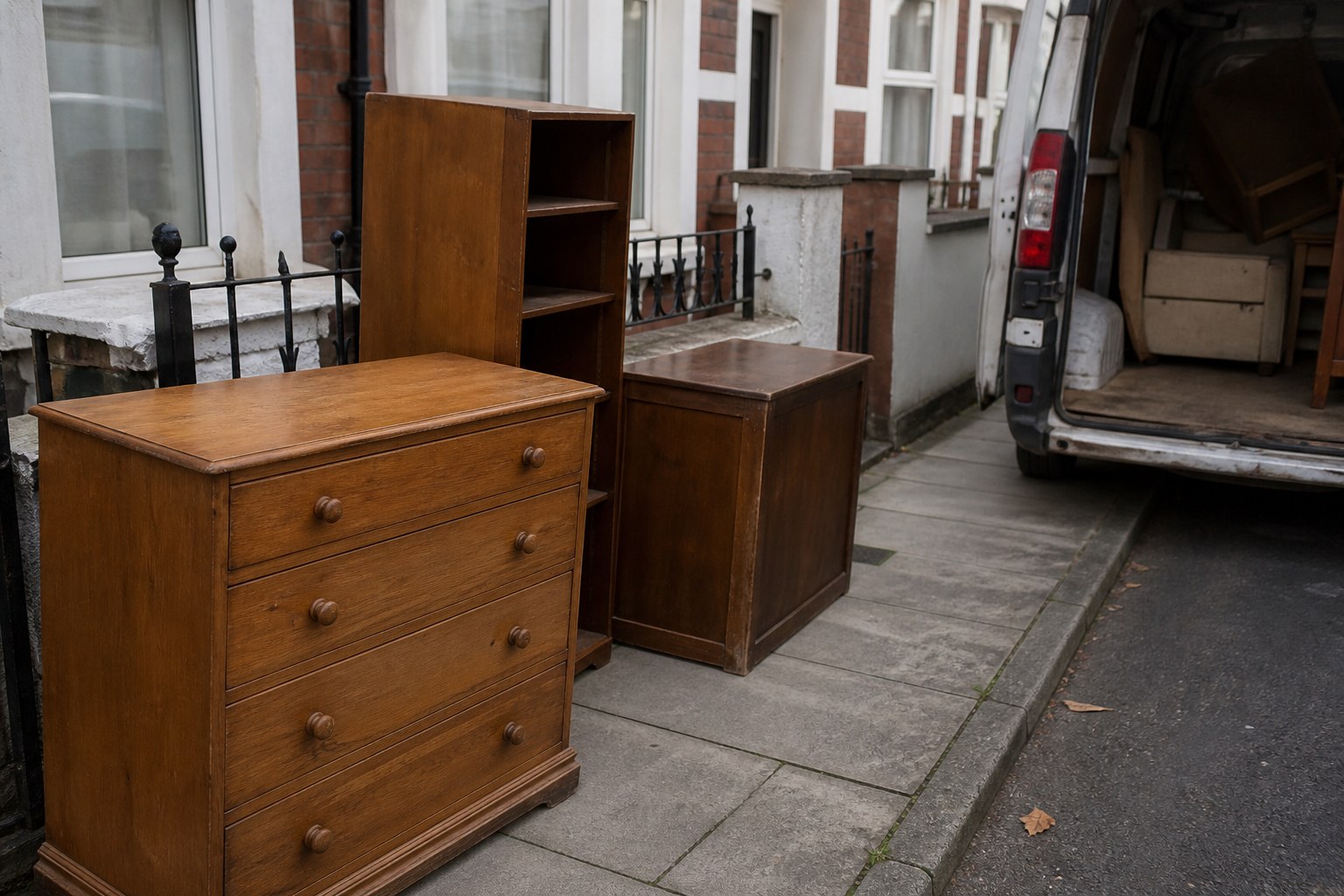 Furniture on a pavement outside a terraced house beside an open van
