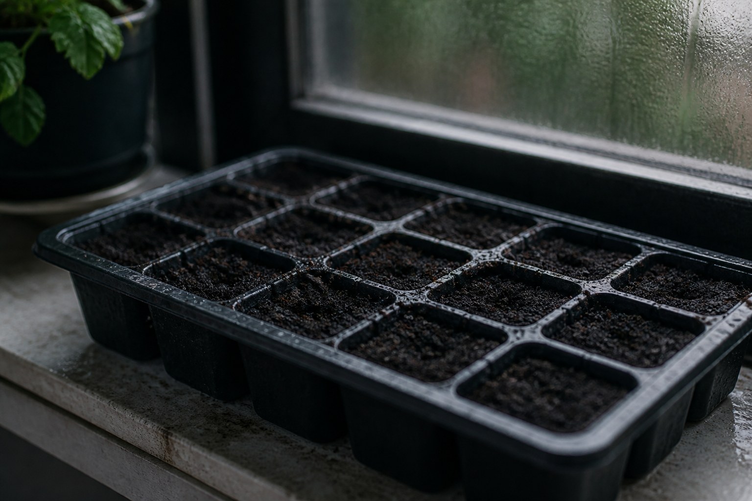 A seed tray on a windowsill with the soil watered and nothing showing yet