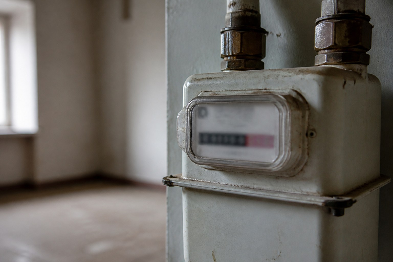 A domestic gas meter dial in an empty room