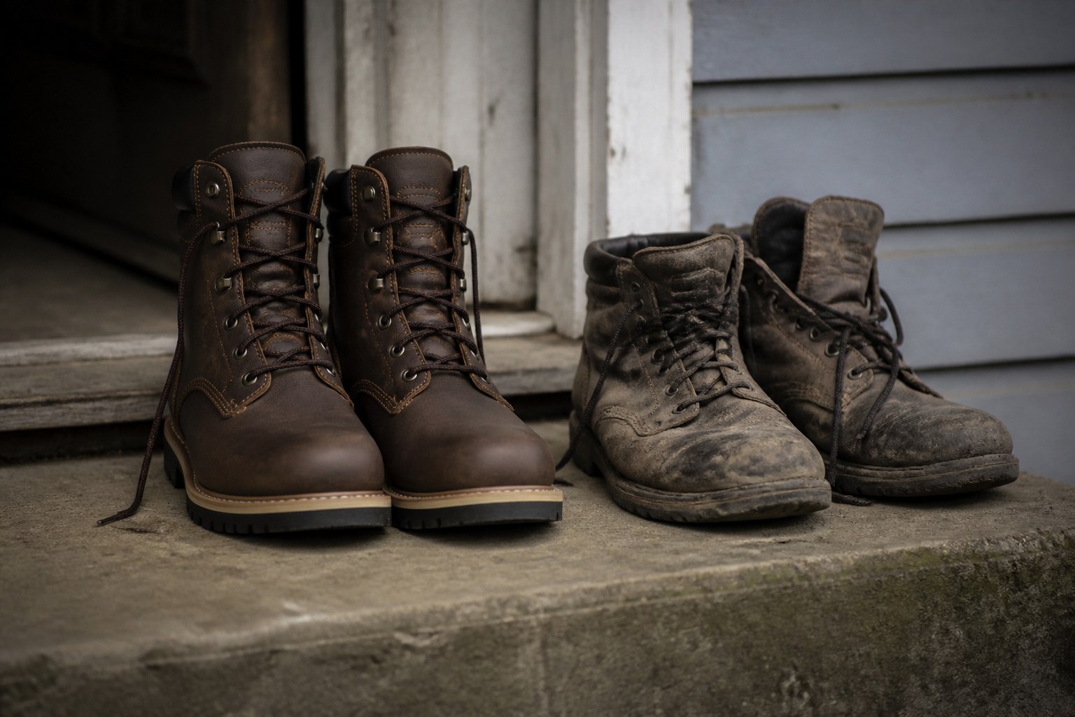 A pair of stiff new work boots standing beside a worn pair on a doorstep