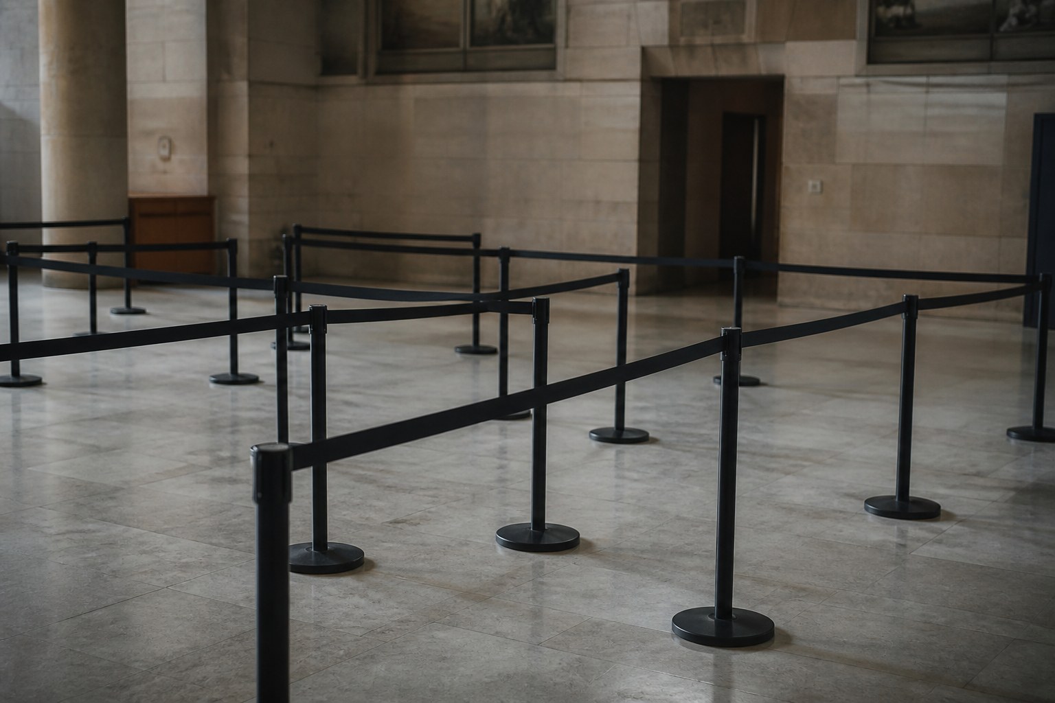 Queue barriers zigzagged across the floor of an empty hall