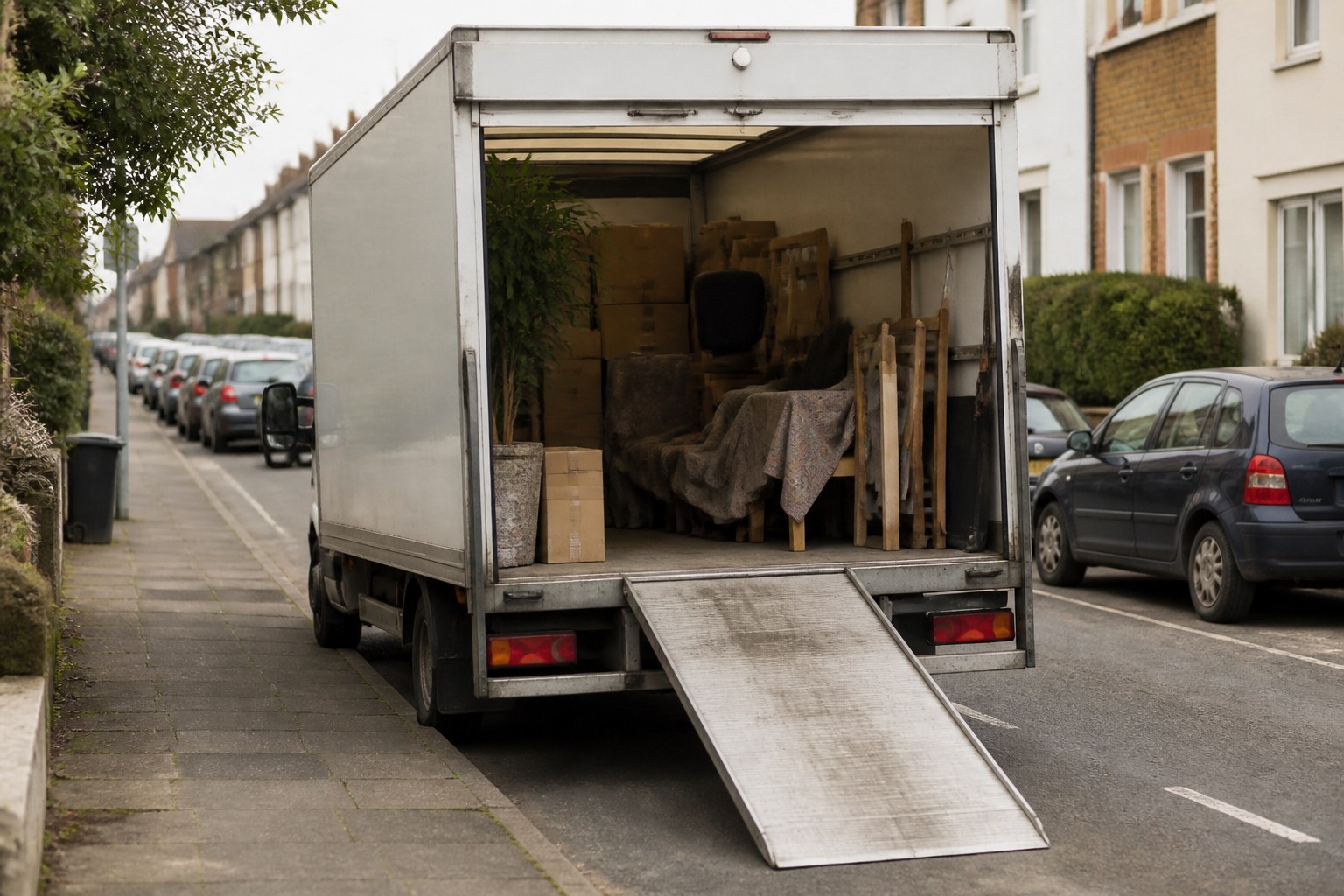 A removal van at a kerb with its rear shutter open and a ramp down