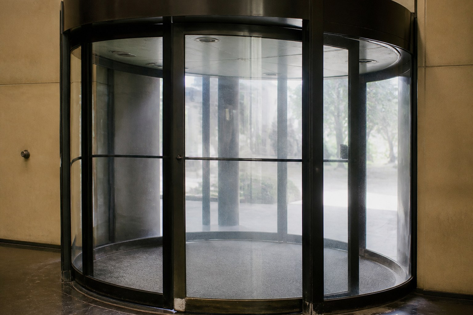 A revolving door standing still in a plain lobby