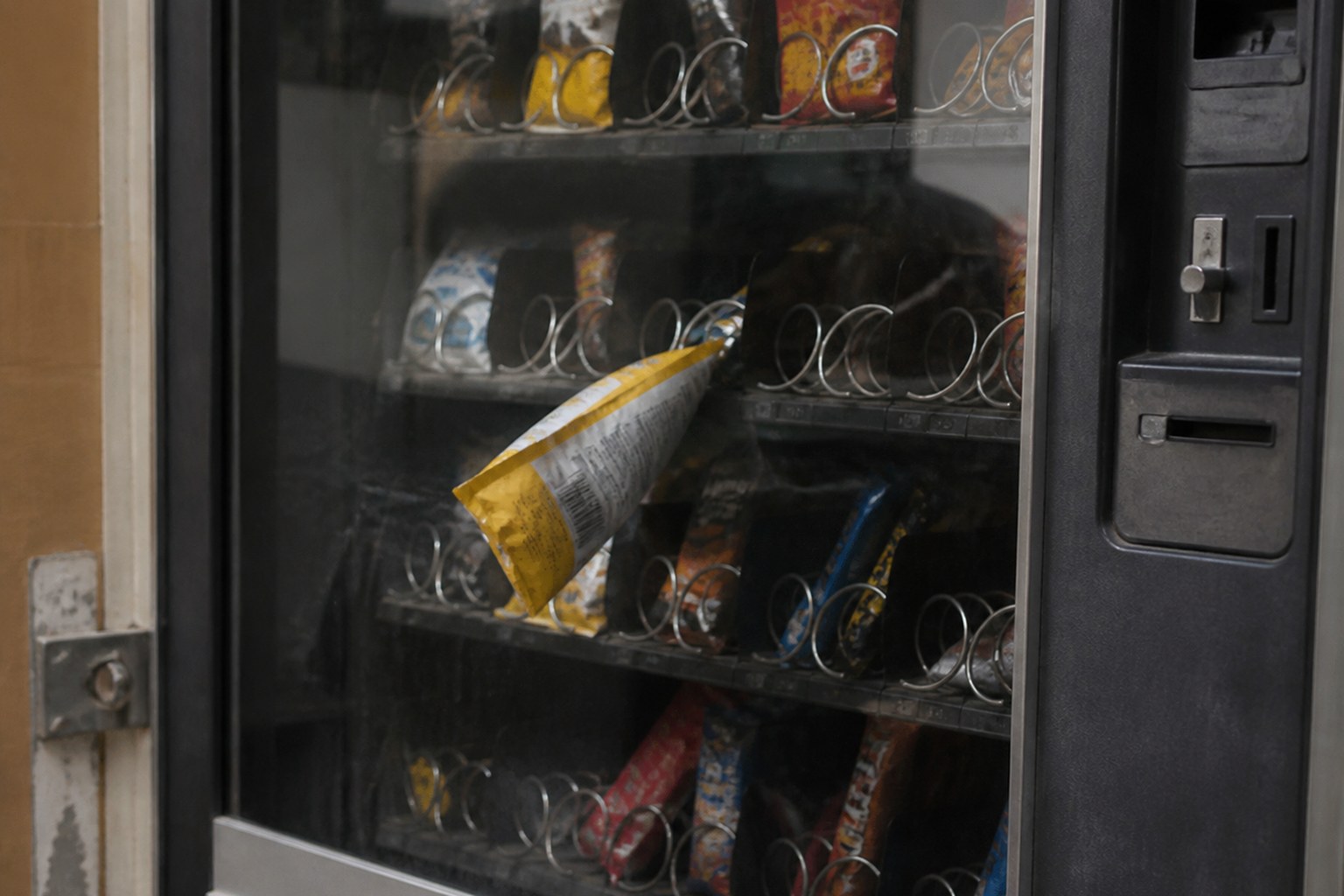 A vending machine with one item caught against the glass
