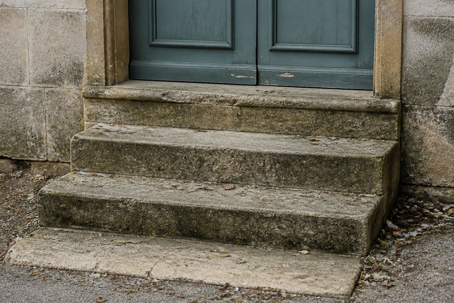 Three shallow stone steps leading up to a closed door